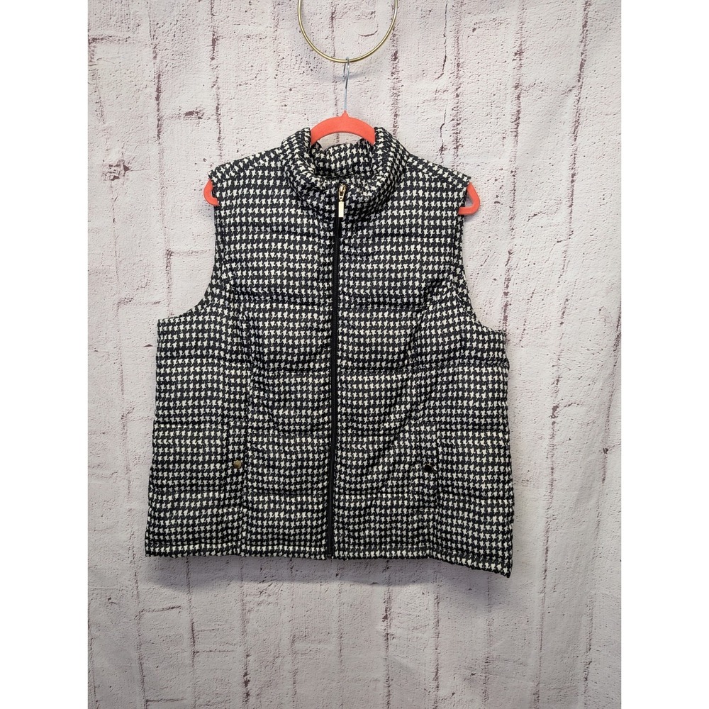 Charter Club Womens Vest Sz 2X Black White Houndstooth Birdeye Print Puffer Zip
